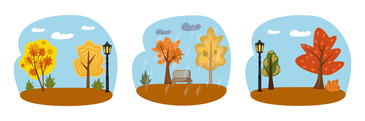 Set of autumn park landscape. Colorful trees with yellow, orange and red leaves, park bench in the rain, street lamps, and seasonal nature scenery. Fall foliage, urban park..