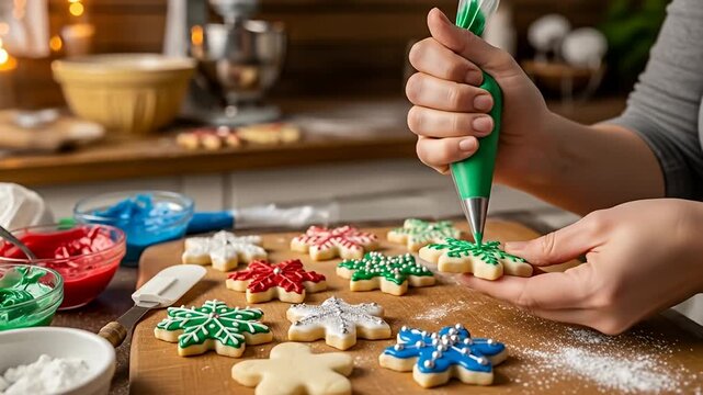 Decorating holiday cookies with icing. Focus is on hand decorating snowflake-shaped cookie