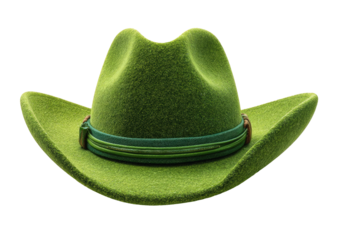 A vibrant lime green cowboy hat, featuring a subtly textured crown and a decorative band of  multiple thin, contrasting green straps