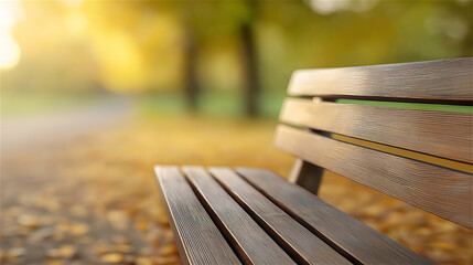 Wooden bench in park surrounded by autumn colors, warm daylight creating cozy atmosphere symbolizing relaxation, solitude, lifestyle and seasonal change, conceptual outdoor composition with copy space