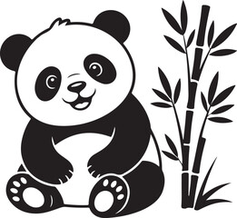 Cartoon Black Silhouette of a Happy Panda Sitting Next to Bamboo Shoots on a White Background bear animal