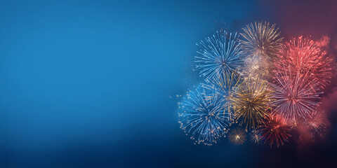 Colorful fireworks bursting in the night sky against a vibrant blue background with copy space