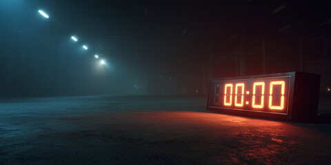 Red digital timer showing zero in a dimly lit industrial space with dramatic blue lighting