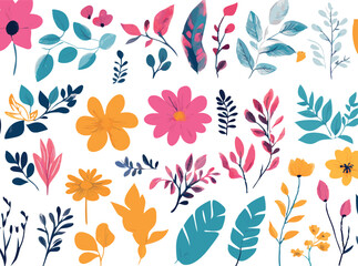 Vibrant collection of hand drawn botanical elements featuring flowers and leaves in various colors