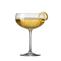 A sparkling golden champagne in a reflective vintage crystal coupe glass with rising bubbles and a delicate lemon twist, isolated on a clean transparent background, concept of luxury and celebration