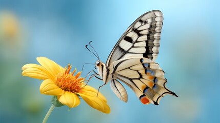 A realistic close-up of a swallowtail butterfly collecting pollen on a sunflower, macro shot, detailed wing patterns and delicate scales, warm afternoon blur background