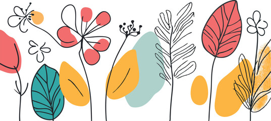 Fototapeta premium Abstract hand drawn botanical illustration of colorful flowers and leaves on a white background