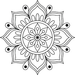 Simple black and white circular mandala with eight petals and solid black dot accents symmetrical pattern
