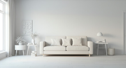 White living room with sofa and decorations