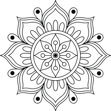 Simple black and white circular mandala with eight petals and solid black dot accents symmetrical pattern