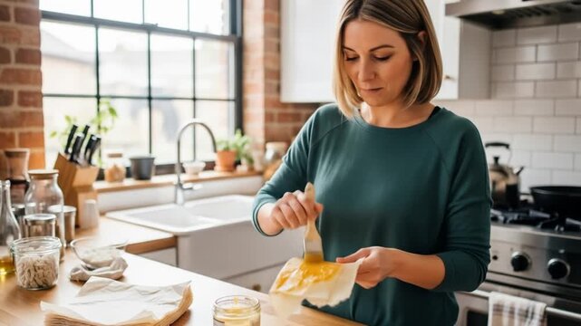 Smiling Woman Brushes Pastry Dough with Butter in Her Rustic style Kitchen