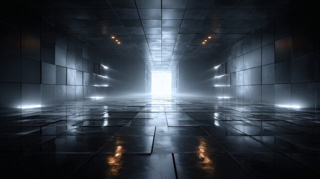 Deserted Warehouse with Industrial Lighting and Reflective Floors