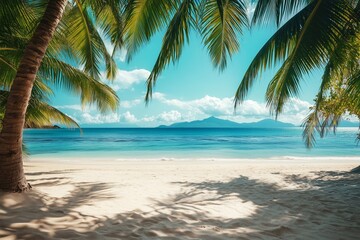 Obraz premium Idyllic coastline with sunlit sands, palm trees, and clear blue waters perfect for a summer getaway and tropical escape