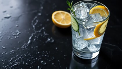 Refreshing Lemon and Cucumber Infused Iced Water with Ice Cubes