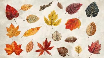 Obraz premium Autumn collection of colorful leaves on textured background fall season nature decoration natural design