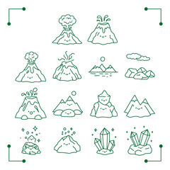 Cute Cartoon Volcanoes Mountains and Crystals Icons Set. © Aria