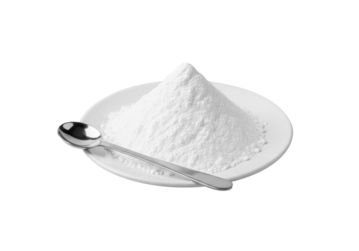 transparent cornstarch mound on a minimalist white ceramic plate, silver spoon, isolated on a clean transparent background with soft high-key studio lighting, concept of purity and precision - Powered by Adobe