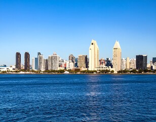 Fototapeta premium Panoramic view of a city skyline over calm water