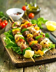Grilled skewers with assorted vegetables and meat