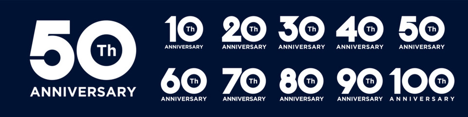 collection anniversary 10 to 100 year logo designs. abstract number for celebration event, wedding, greeting card, and invitation, vector illustration