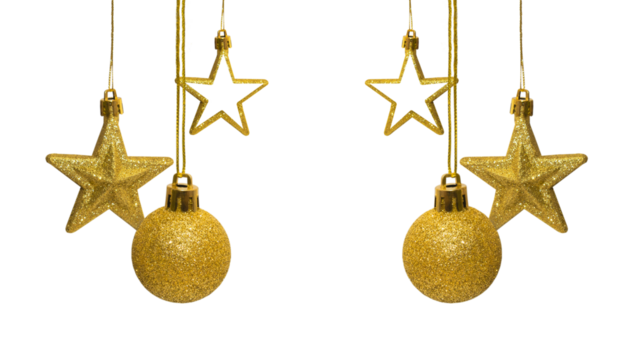 Set of golden decoration Christmas balls, star, collection hanging isolated on white background