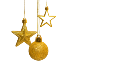 Set of golden decoration Christmas balls, star, collection hanging isolated on white background