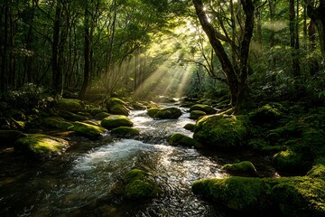 Obraz premium Serene Forest Stream: Sunbeams Illuminate Moss-Covered Rocks and Crystal-Clear Water, Tranquil Nature Scene.