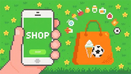 Fototapeta premium E-commerce banner: Pixel Art Style Smartphone Shopping App