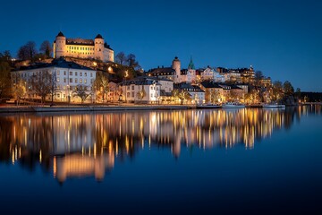 Obraz premium Serene Twilight Panorama: Historic European Cityscape Reflected in Calm River Waters