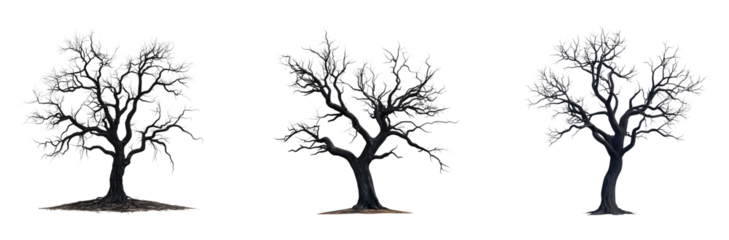 Collection of creepy dead tree, isolated on transparent background