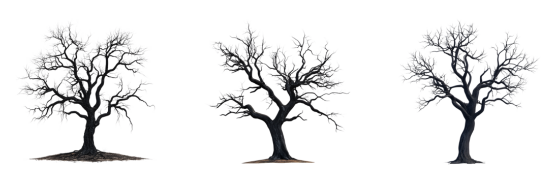 Collection of creepy dead tree, isolated on transparent background