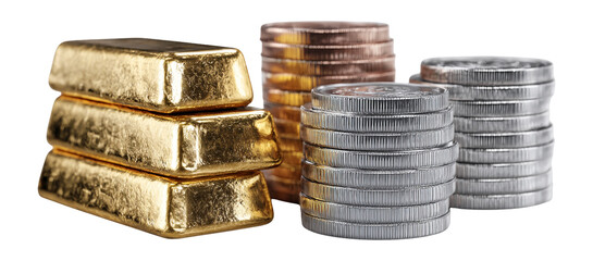 Gold Bars and Coins Stacked on a White Background for Finance Themes