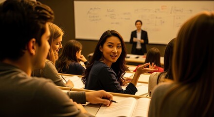 Diverse university students attentively listening during a lecture in a bright classroom, with a young woman engaging and looking back.