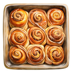 Fototapeta premium Photo of a pan of freshly baked cinnamon rolls, golden brown and swirled with sweet cinnamon sugar, ready to be enjoyed as a delicious breakfast or dessert treat, isolated on transparent background