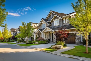 Idyllic suburban homes with lush landscaping in North American summer