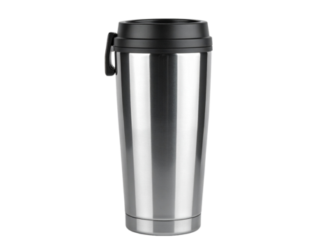 Sleek Stainless Steel Travel Mug on White Background