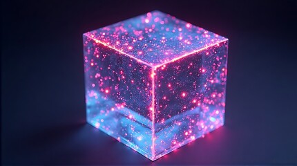 Futuristic Glowing Cube Filled with Shimmering Pink and Blue Particles