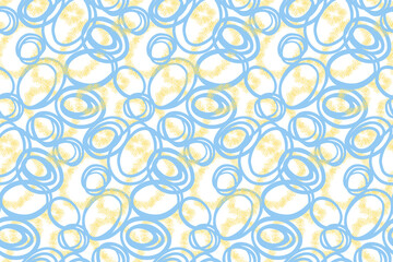 Seamless abstract vector pattern with overlapping blue circles and yellow textured dots on white background. Modern geometric design for fabric, wrapping, and stylish decor