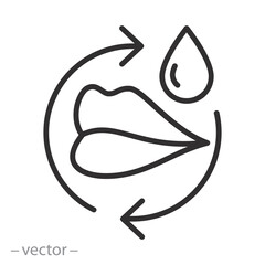 lips drop icon, lipstick or water gel, lips hydration icon, mouth, aqua cycle for skin face, thin line vector illustration