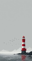 Coastal lighthouse, birds flying, foggy sea, minimalist art, phone wallpaper