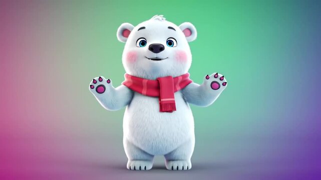 Animated polar bear character wearing a red scarf on vibrant gradient background