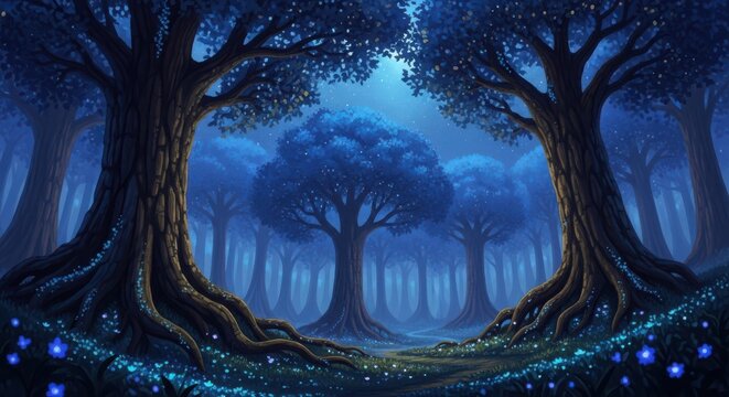 Mystical blue forest at night with ancient, gnarled trees and glowing blue flora illuminating the dark, enchanted woodland