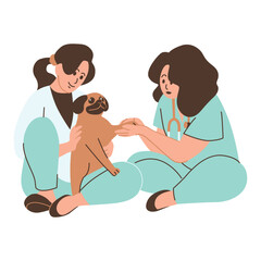 Illustration of an Veterinary Doctor and Nurse Examining dog