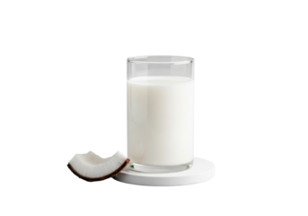 Clear cylindrical glass with transparent coconut milk and fresh coconut flesh, on a white coaster against a transparent background, bright studio lighting. Concept for beverage advertising