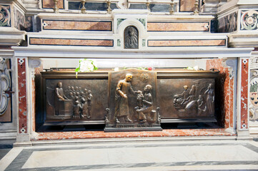 Inside the church Ges&ugrave; Nuovo in the city's historic center of Naples, Italy. Altar with Saint Giuseppe Moscati's grave, a researcher known a faithful Catholic practicing medicine in the 18th century.