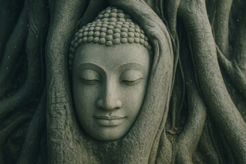 Meditation Amidst the Roots: A serene stone Buddha head is enveloped by the intricate embrace of ancient tree roots, creating a harmonious blend of spirituality and nature.