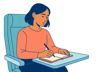 Woman writing in a notebook while sitting in a seat with a tray table, cartoon design style on white background, concept of learning or travel. Ai generative