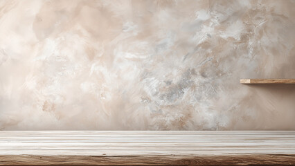 Whitewashed wooden table with cloudy wall texture