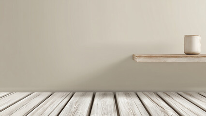 Whitewashed wooden table with minimalist shelf and jar