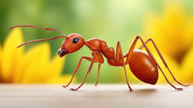 A realistic close-up of a ant collecting pollen on a sunflower, macro shot, segmented body and bent antennae, blurred petals in background